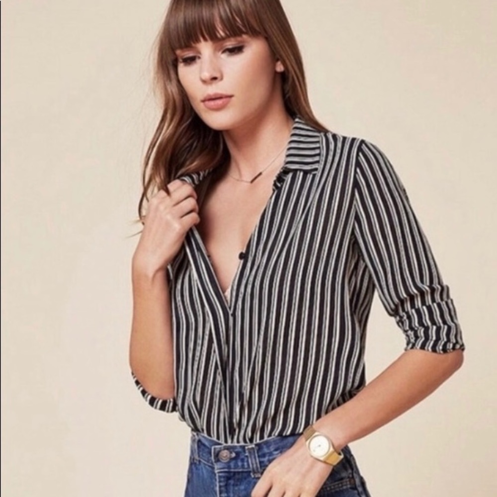 Reformation Black and White Vertical Stripe Button-Down Shirt